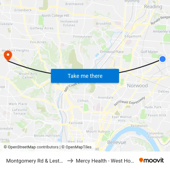 Montgomery Rd & Lester Rd to Mercy Health - West Hospital map