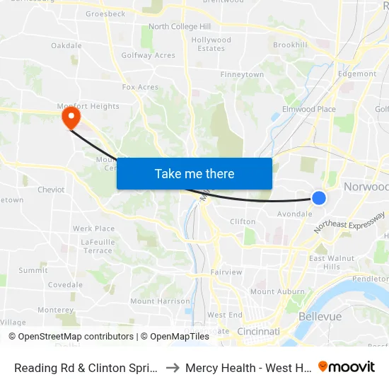 Reading Rd & Clinton Springs Ave to Mercy Health - West Hospital map