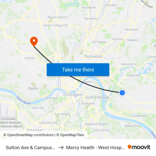 Sutton Ave & Campus Ln to Mercy Health - West Hospital map