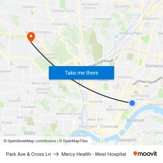 Park Ave & Cross Ln to Mercy Health - West Hospital map