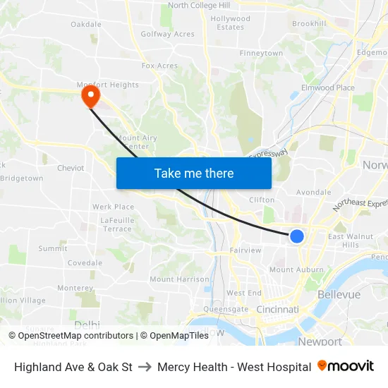 Highland Ave & Oak St to Mercy Health - West Hospital map