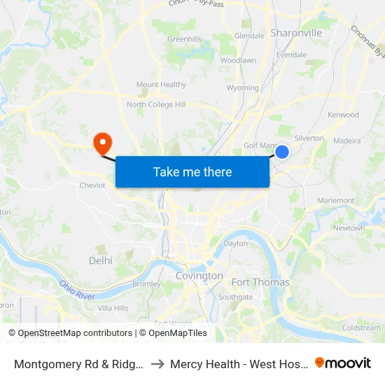 Montgomery Rd & Ridge Rd to Mercy Health - West Hospital map