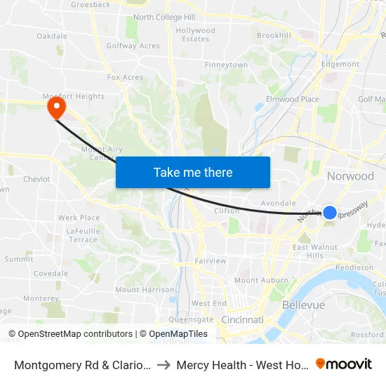 Montgomery Rd & Clarion Ave to Mercy Health - West Hospital map