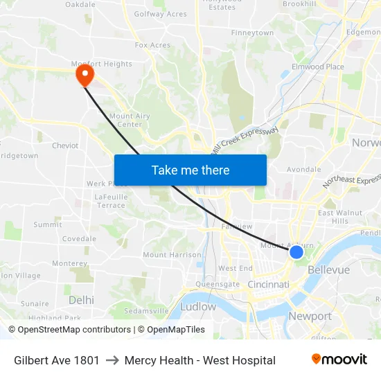 Gilbert Ave 1801 to Mercy Health - West Hospital map