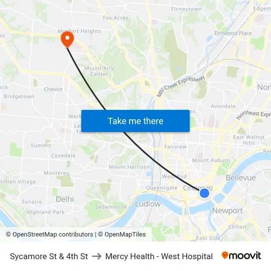 Sycamore St & 4th St to Mercy Health - West Hospital map