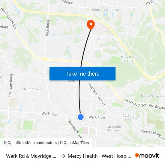Werk Rd & Mayridge Ct to Mercy Health - West Hospital map