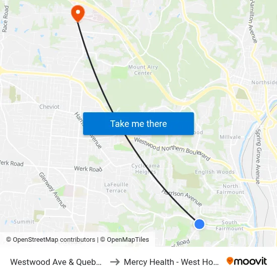 Westwood Ave & Quebec Rd to Mercy Health - West Hospital map