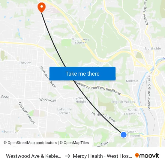 Westwood Ave & Kebler Aly to Mercy Health - West Hospital map