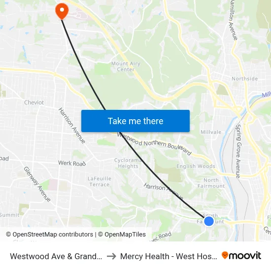 Westwood Ave & Grand Ave to Mercy Health - West Hospital map