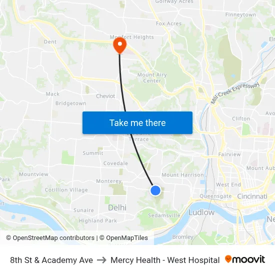 8th St & Academy Ave to Mercy Health - West Hospital map