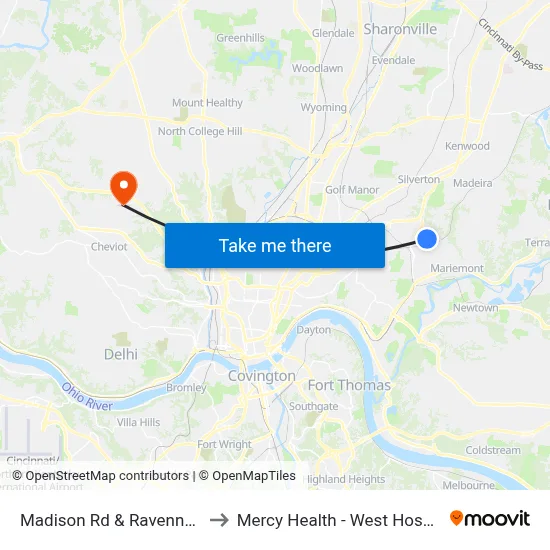Madison Rd & Ravenna St to Mercy Health - West Hospital map