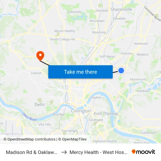 Madison Rd & Oaklawn Dr to Mercy Health - West Hospital map