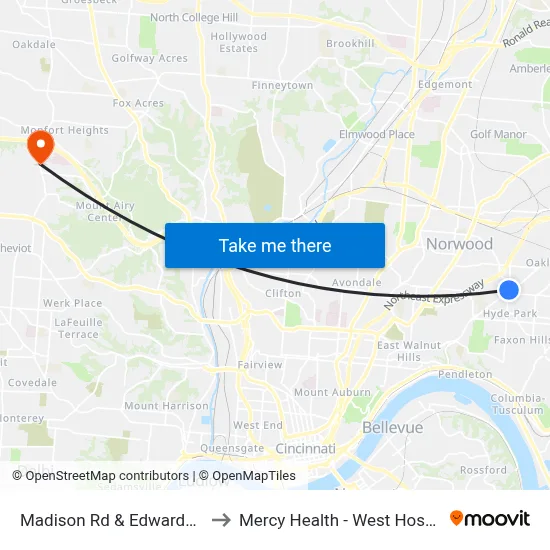 Madison Rd & Edwards Rd to Mercy Health - West Hospital map
