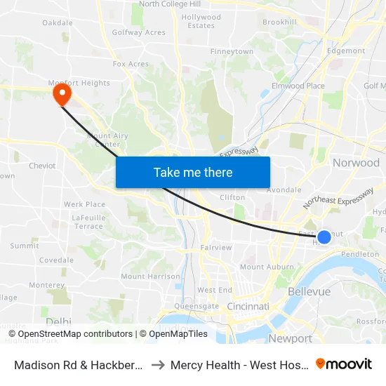 Madison Rd & Hackberry St to Mercy Health - West Hospital map