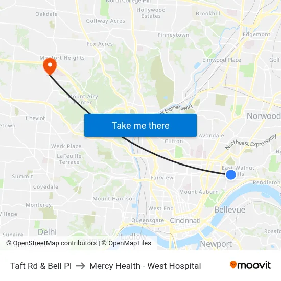 Taft Rd & Bell Pl to Mercy Health - West Hospital map