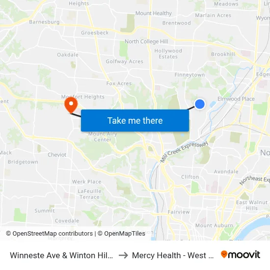 Winneste Ave & Winton Hills Church to Mercy Health - West Hospital map