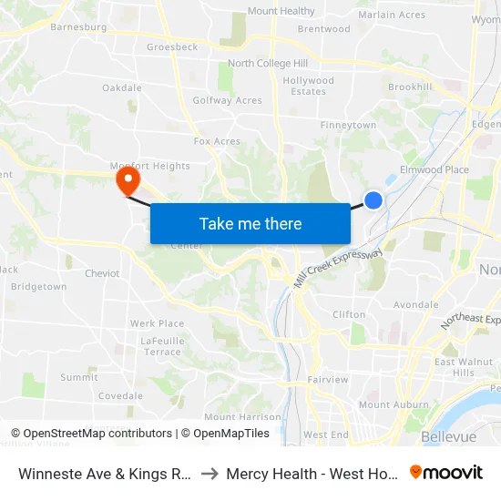 Winneste Ave & Kings Run Dr to Mercy Health - West Hospital map