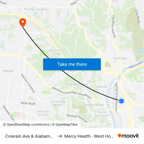 Colerain Ave & Alabama Ave to Mercy Health - West Hospital map