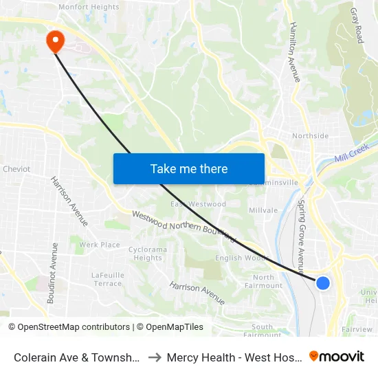 Colerain Ave & Township St to Mercy Health - West Hospital map