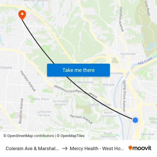 Colerain Ave & Marshall Ave to Mercy Health - West Hospital map