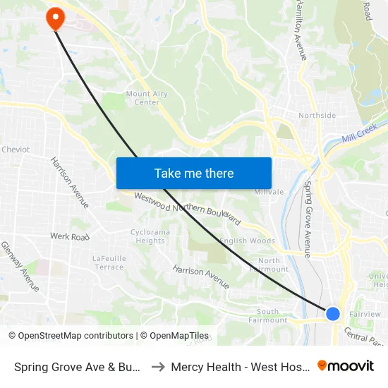 Spring Grove Ave & Buck St to Mercy Health - West Hospital map
