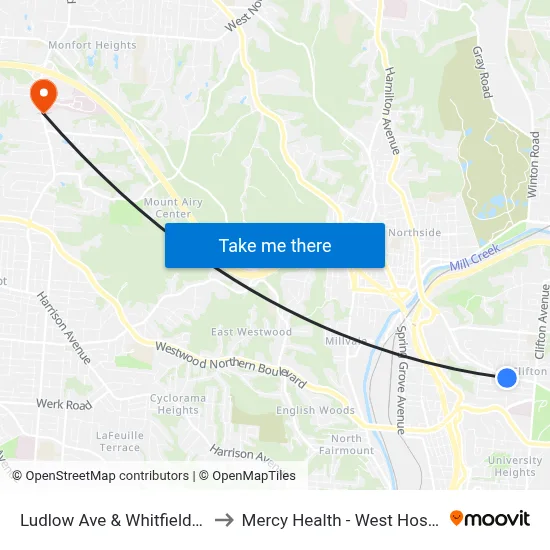 Ludlow Ave & Whitfield Ave to Mercy Health - West Hospital map