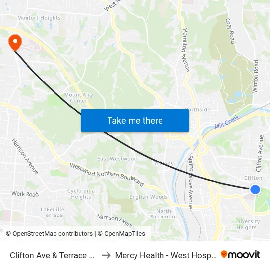 Clifton Ave & Terrace Ave to Mercy Health - West Hospital map