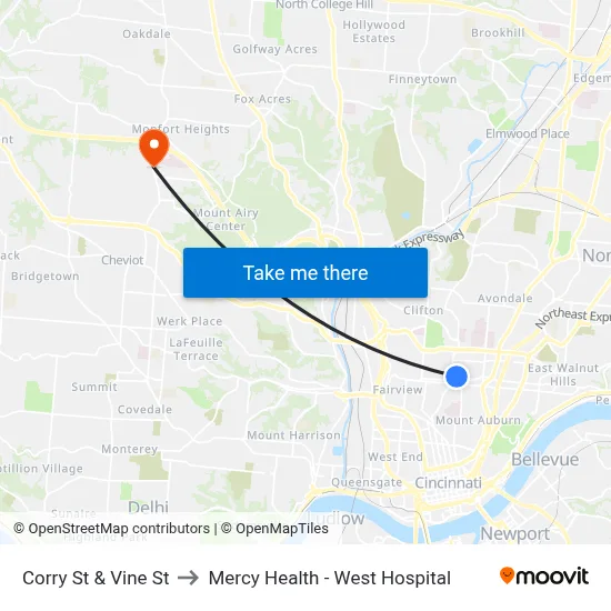 Corry St & Vine St to Mercy Health - West Hospital map