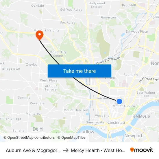 Auburn Ave & Mcgregor Ave to Mercy Health - West Hospital map