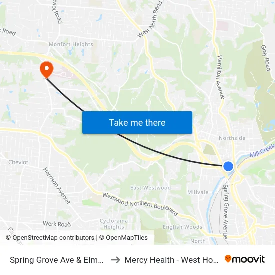 Spring Grove Ave & Elmore St to Mercy Health - West Hospital map
