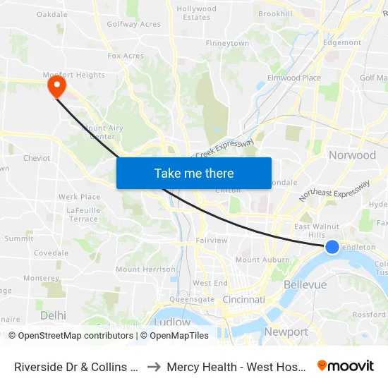 Riverside Dr & Collins Ave to Mercy Health - West Hospital map