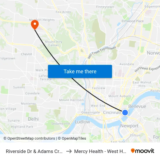 Riverside Dr & Adams Crossing to Mercy Health - West Hospital map