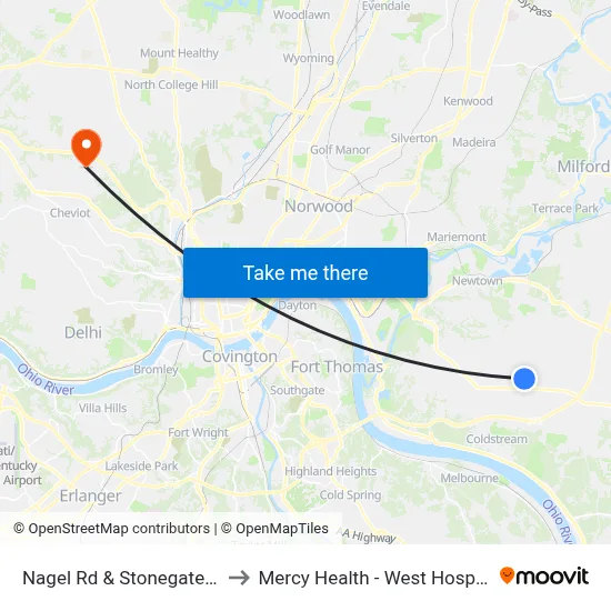 Nagel Rd & Stonegate Dr to Mercy Health - West Hospital map