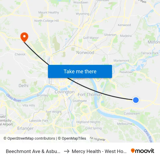 Beechmont Ave & Asbury Rd to Mercy Health - West Hospital map
