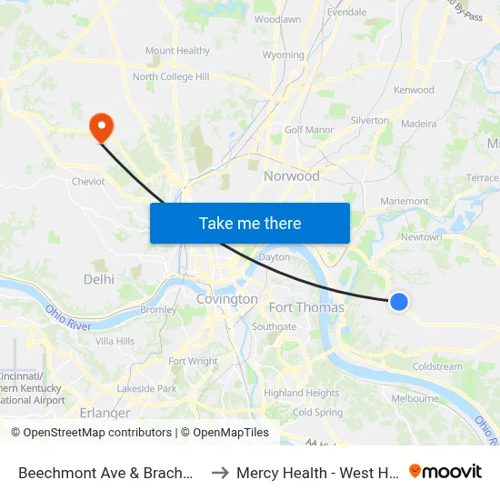 Beechmont Ave & Brachman Ave to Mercy Health - West Hospital map