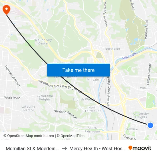 Mcmillan St & Moerlein Ave to Mercy Health - West Hospital map