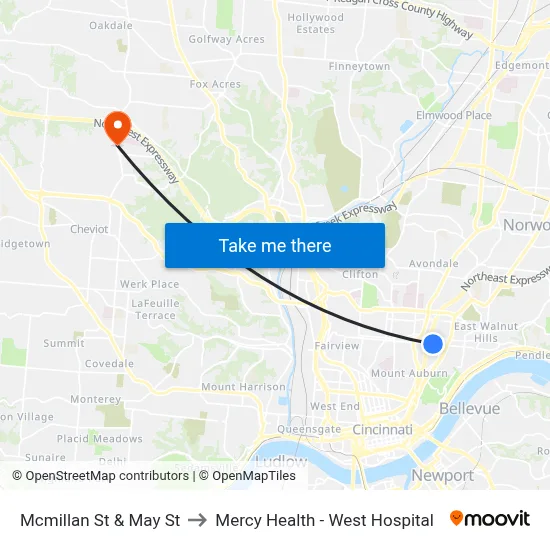 Mcmillan St & May St to Mercy Health - West Hospital map