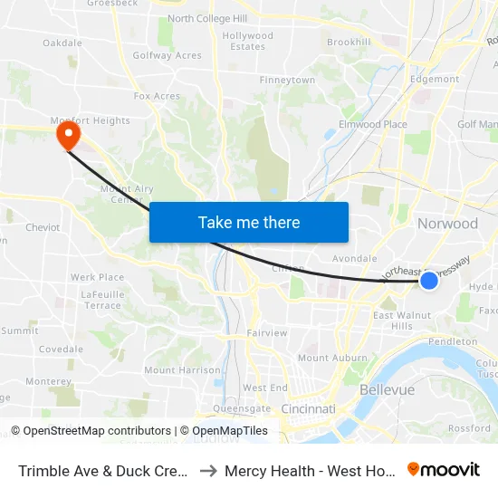 Trimble Ave & Duck Creek Rd to Mercy Health - West Hospital map
