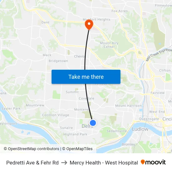 Pedretti Ave & Fehr Rd to Mercy Health - West Hospital map