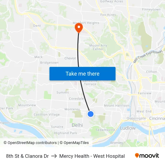 8th St & Clanora Dr to Mercy Health - West Hospital map