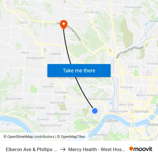 Elberon Ave & Phillips Ave to Mercy Health - West Hospital map