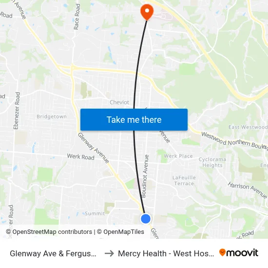 Glenway Ave & Ferguson Pl to Mercy Health - West Hospital map