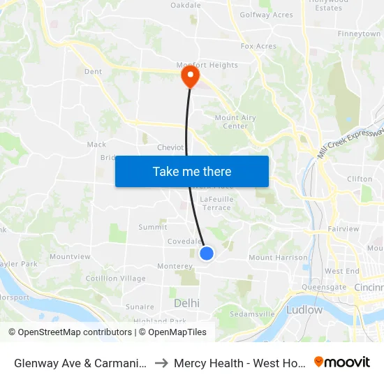 Glenway Ave & Carmania Ave to Mercy Health - West Hospital map