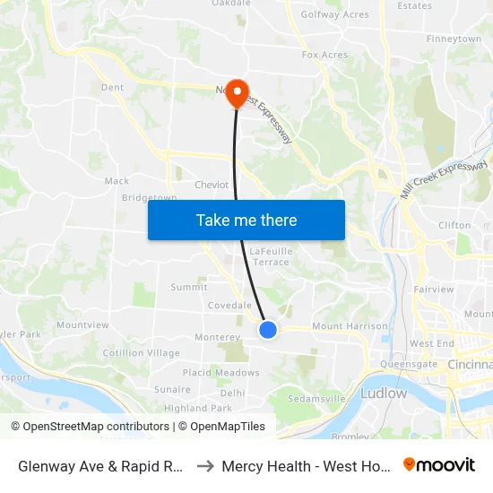 Glenway Ave & Rapid Run Rd to Mercy Health - West Hospital map