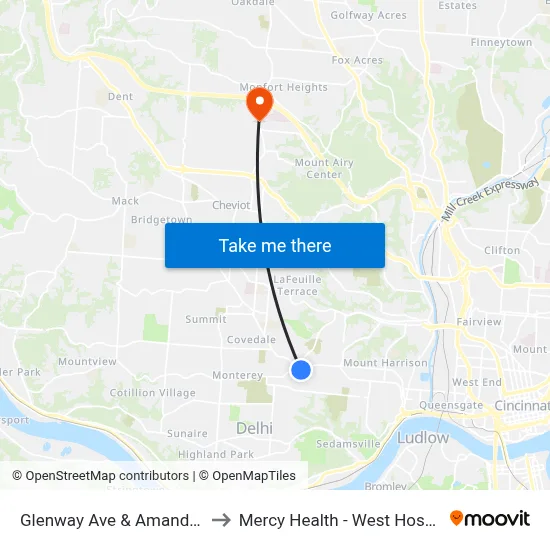 Glenway Ave & Amanda Pl to Mercy Health - West Hospital map