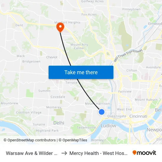 Warsaw Ave & Wilder Ave to Mercy Health - West Hospital map