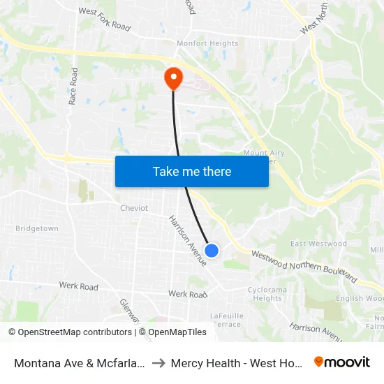 Montana Ave & Mcfarlan Rd to Mercy Health - West Hospital map