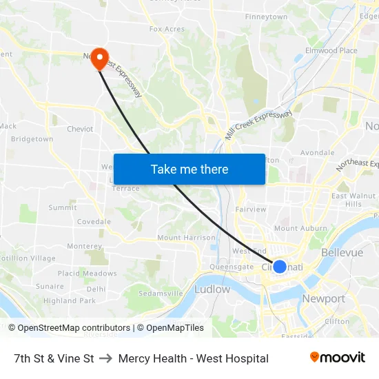 7th St & Vine St to Mercy Health - West Hospital map