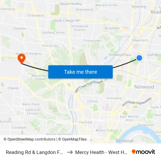 Reading Rd & Langdon Farm Rd to Mercy Health - West Hospital map