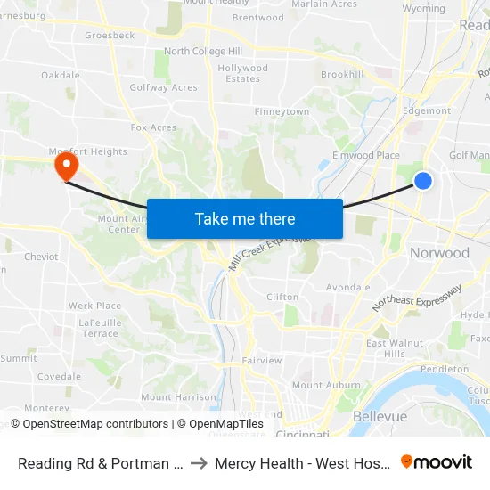 Reading Rd & Portman Ave to Mercy Health - West Hospital map
